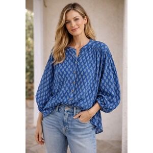 Pilcro Anthropologie Gauze Blouse Blue Boho Balloon Sleeve Button Front LP